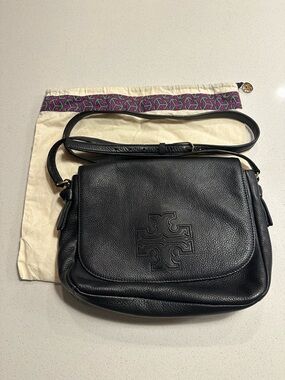 Tory Burch Black Pebbled Leather Crossbody with Embossed Logo